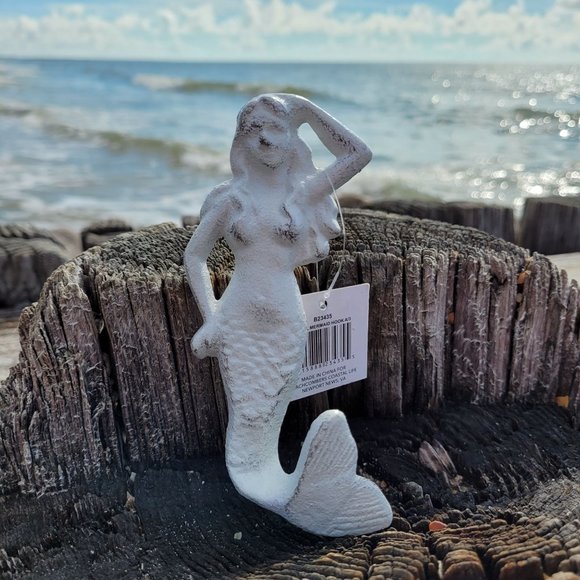 Distressed White Mermaid Hook Cast Iron Coastal Decor - Picture 3 of 13